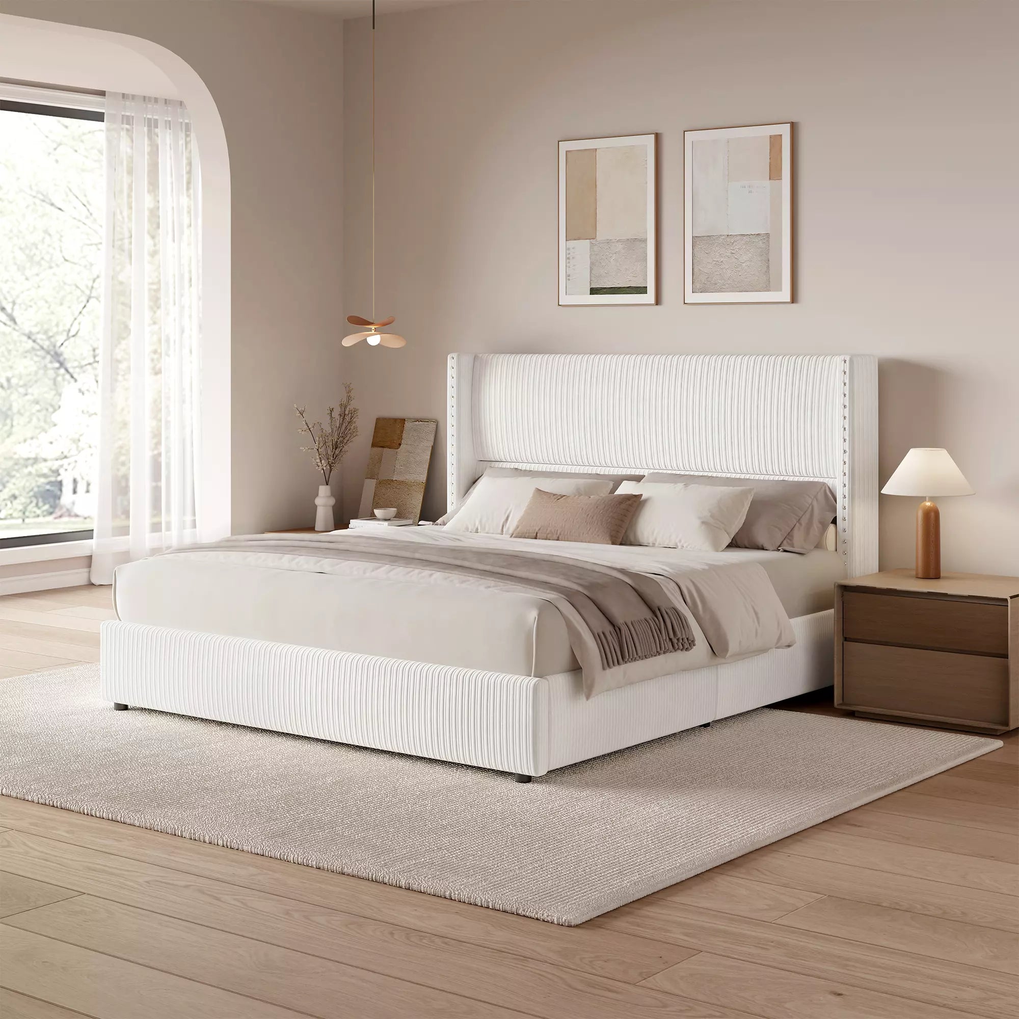  Modern classic Elysia upholstered bed frame in white corduroy fabric, no box spring needed.