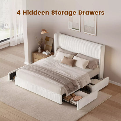 King size Elysia white storage bed with 4 hidden under-bed drawers for a clean, organized bedroom.