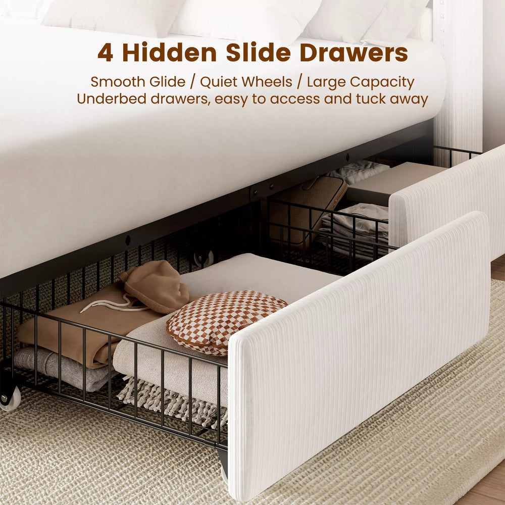 Large capacity underbed storage with 4 hidden slide drawers on quiet wheels for Elysia taupe brown bed frame.