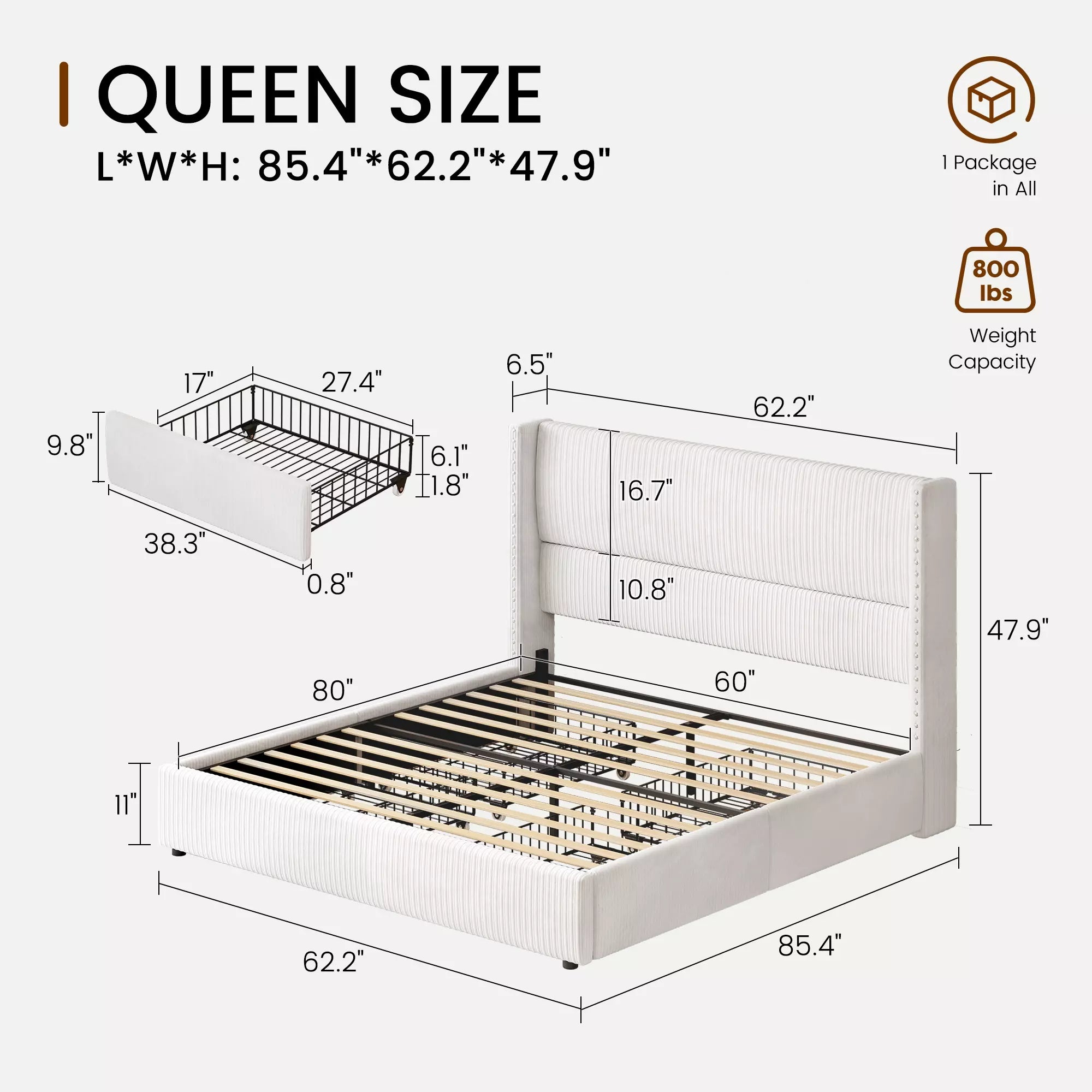 Queen size Elysia storage bed dimensions showing 1 package shipping and 800 lbs weight capacity.