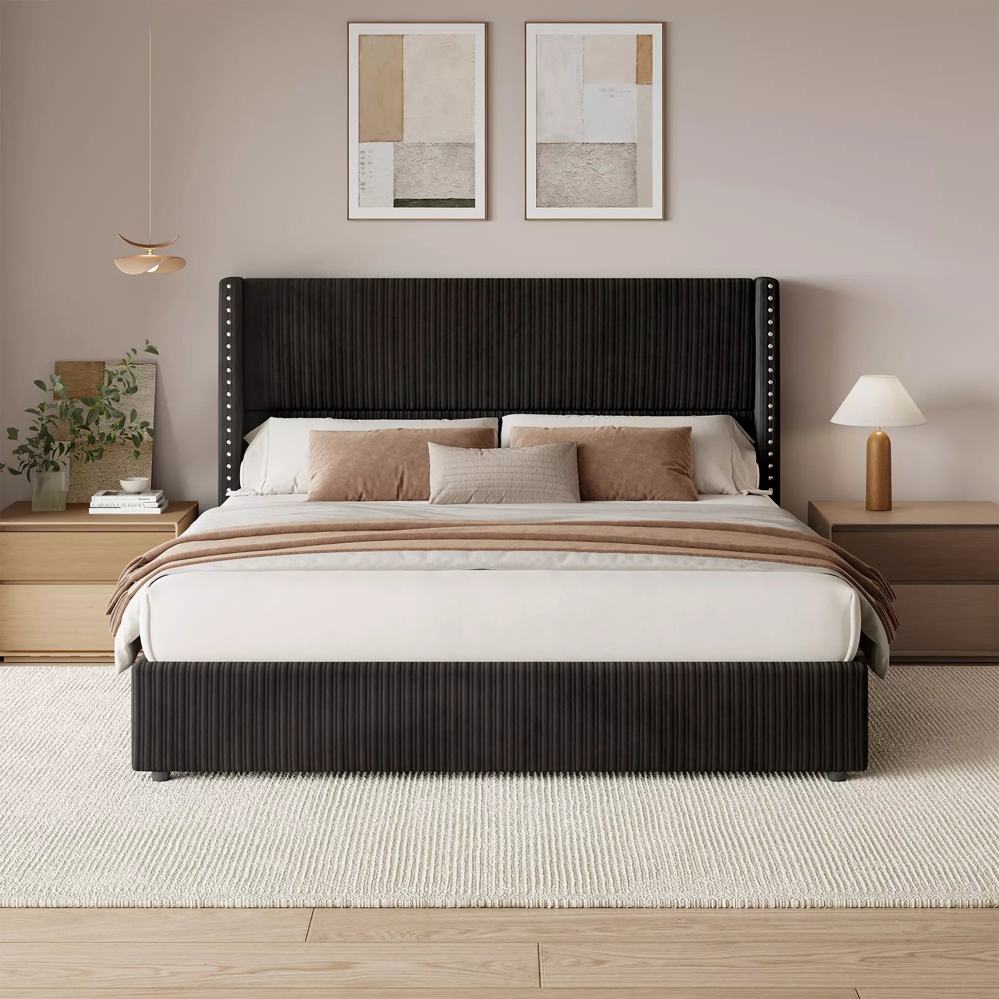 Larmace Elysia black corduroy upholstered platform bed frame with tall wingback headboard, queen size.
