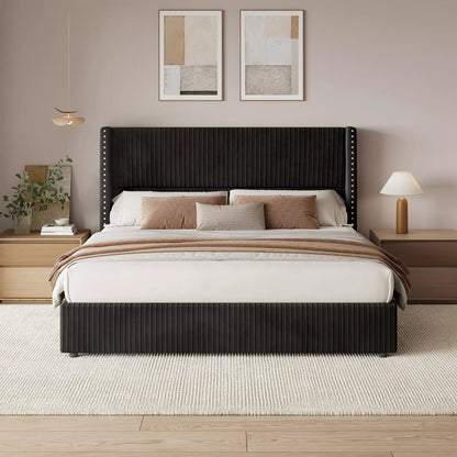 Larmace Elysia black corduroy upholstered platform bed frame with tall wingback headboard, queen size.