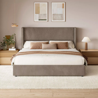 Larmace Elysia taupe corduroy upholstered platform bed frame with tall wingback headboard, queen size.