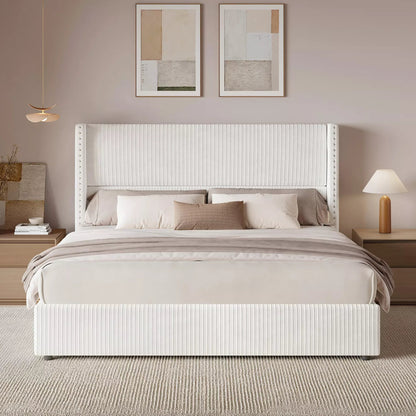 Larmace Elysia white corduroy upholstered platform bed frame with tall wingback headboard, queen size.