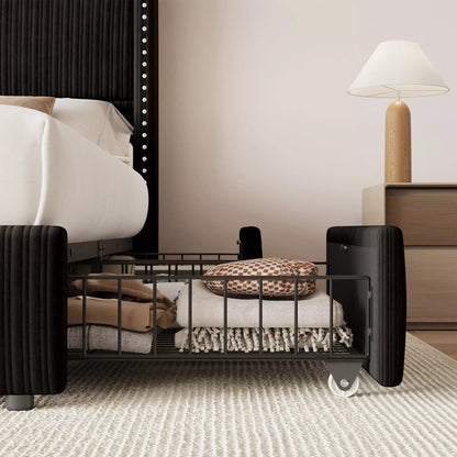 black Elysia bed frame featuring 4 large capacity hidden slide drawers for bedroom organization.