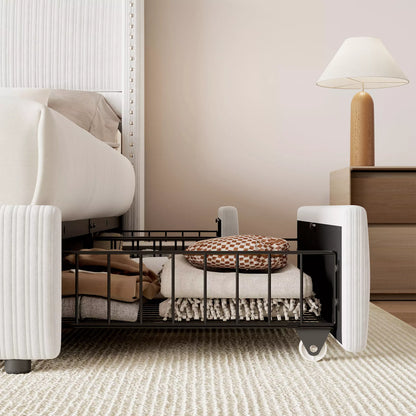 Detail view of Elysia storage drawer with smooth glide wheels and taupe white corduroy front panel.