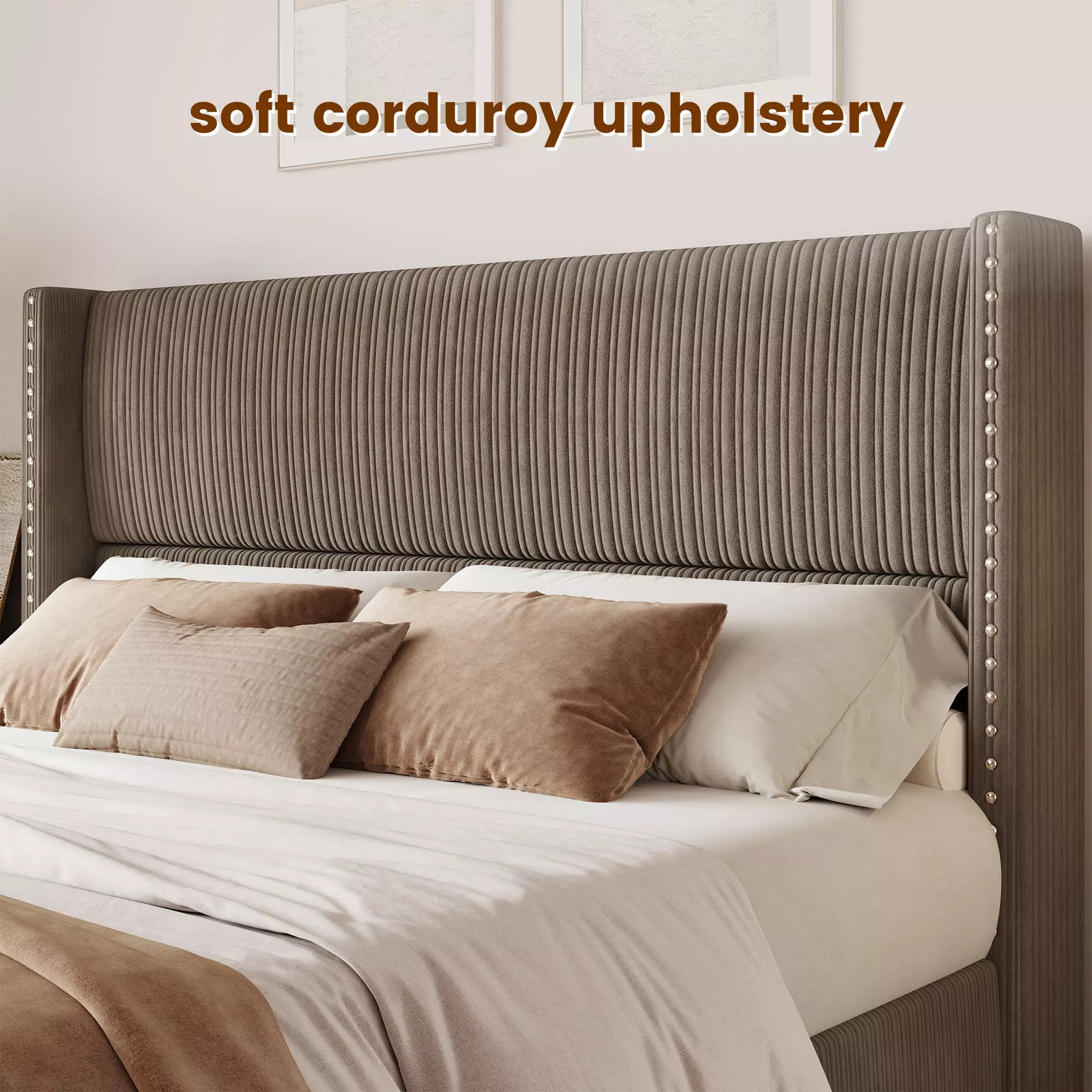Side view of Larmace taupe upholstered storage bed showing the elegant wingback design.