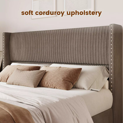 Side view of Larmace taupe upholstered storage bed showing the elegant wingback design.