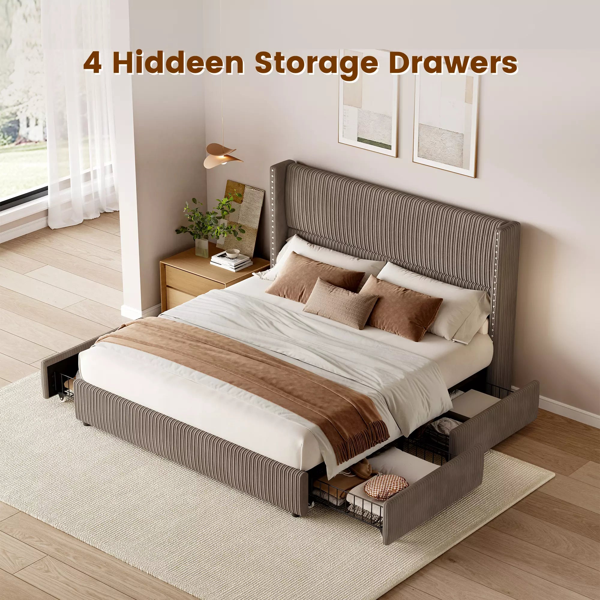 Queen size taupe upholstered bed frame with 4 hidden under-bed storage drawers for bedroom organization.