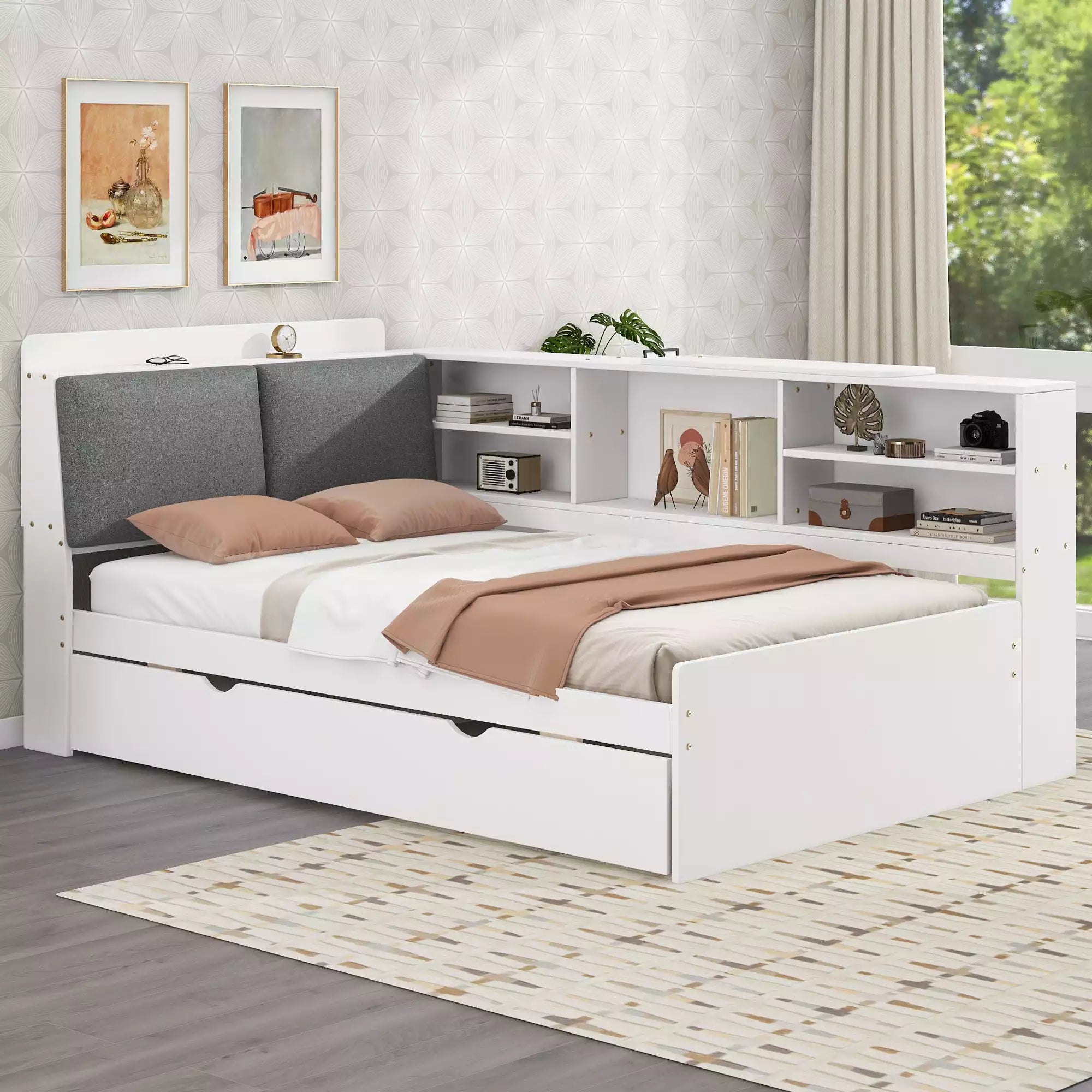 Cubix Wood platform Daybed with Trundle, Shelves and Storage Headboard