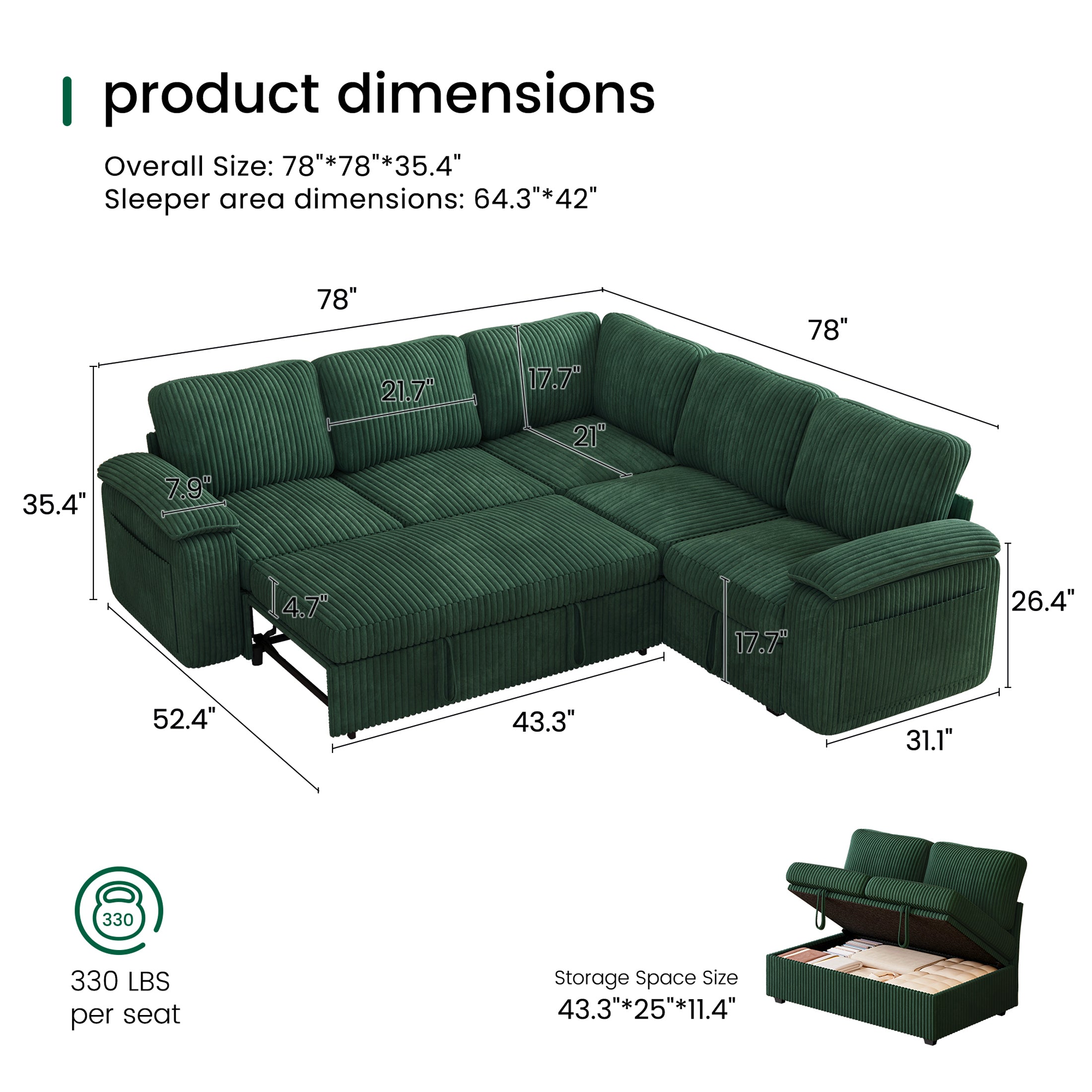 Nola Modular Corduroy Sleeper Sectional Sofa | 5 Seater |  L Shape Corner