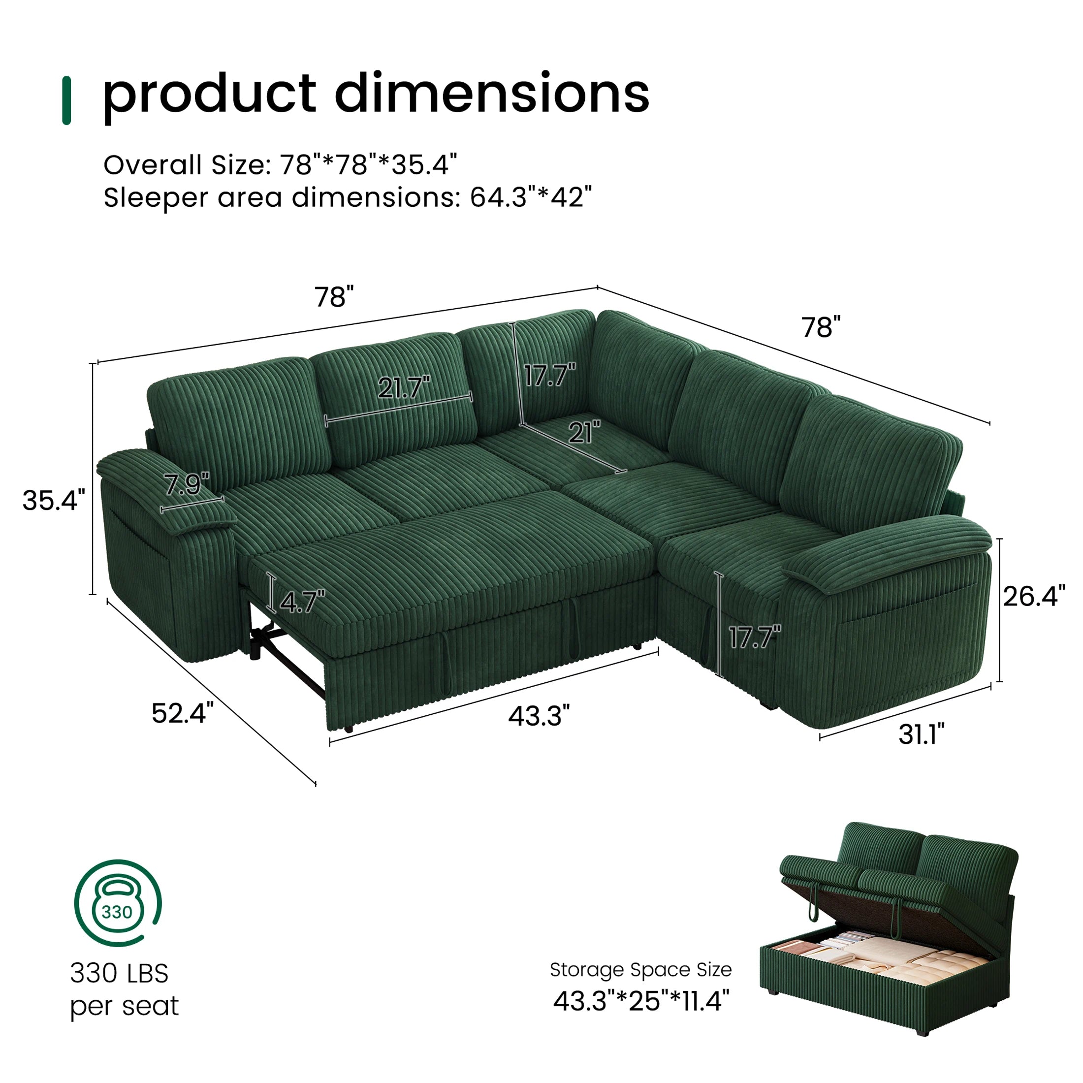 Nola Modular Corduroy Sleeper Sectional Sofa | 5 Seater |  L Shape Corner