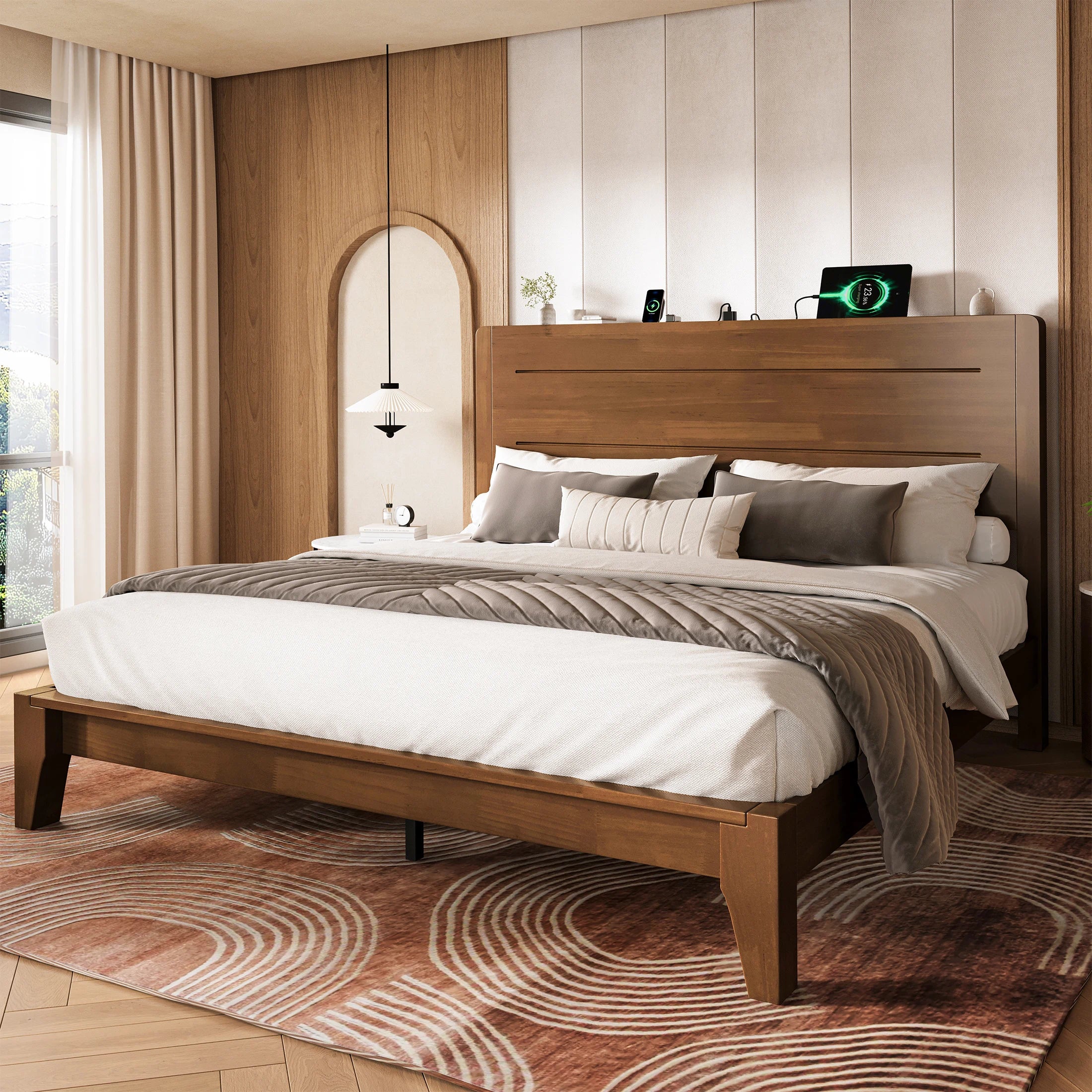 Sorel Japandi Solid Wood Platform Bed with Charging