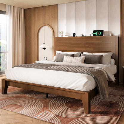 Sorel Japandi Solid Wood Platform Bed with Charging