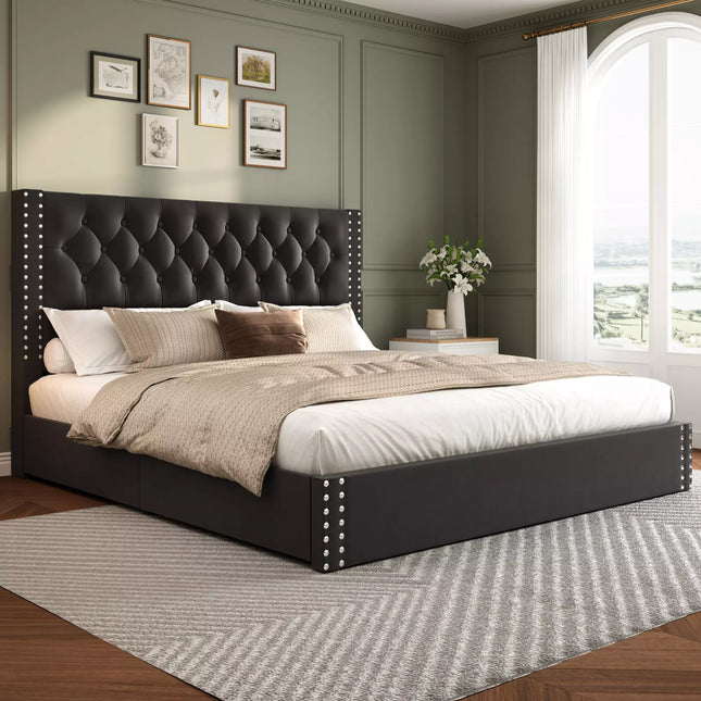 Veva Velvet Upholstered Bed Frame with Storage, 4 Drawers