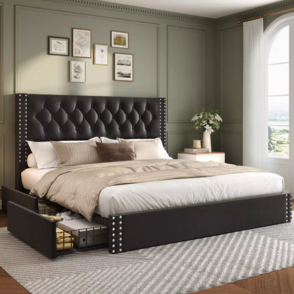 Veva Velvet Upholstered Bed Frame with Storage, 4 Drawers