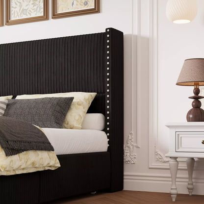 Elysia Corduroy Upholstered Platform Bed Frame with Nailhead Wingback
