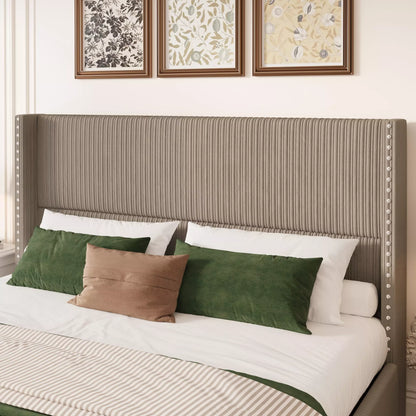 Elysia Corduroy Upholstered Platform Bed Frame with Nailhead Wingback