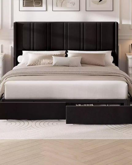 Modro Linen Upholstered Platform Bed Frame with 4 Storage Drawer