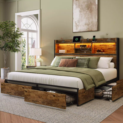 Strato King Size Wood Bed Frame Storage Headboard with Charging Station and 6 Drawers