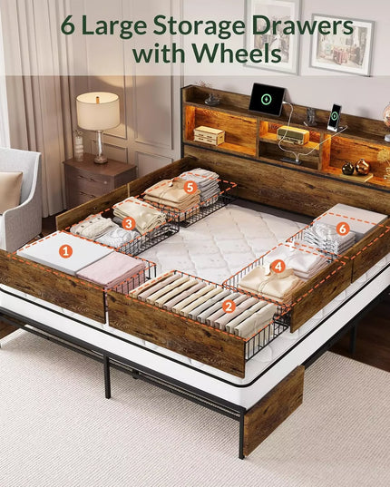 Strato Wood Bed Frame Storage Headboard with Charging Station and 6 Drawers