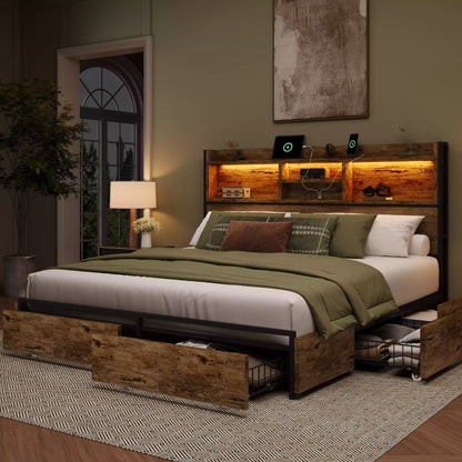Strato King Size Wood Bed Frame Storage Headboard with Charging Station and 6 Drawers