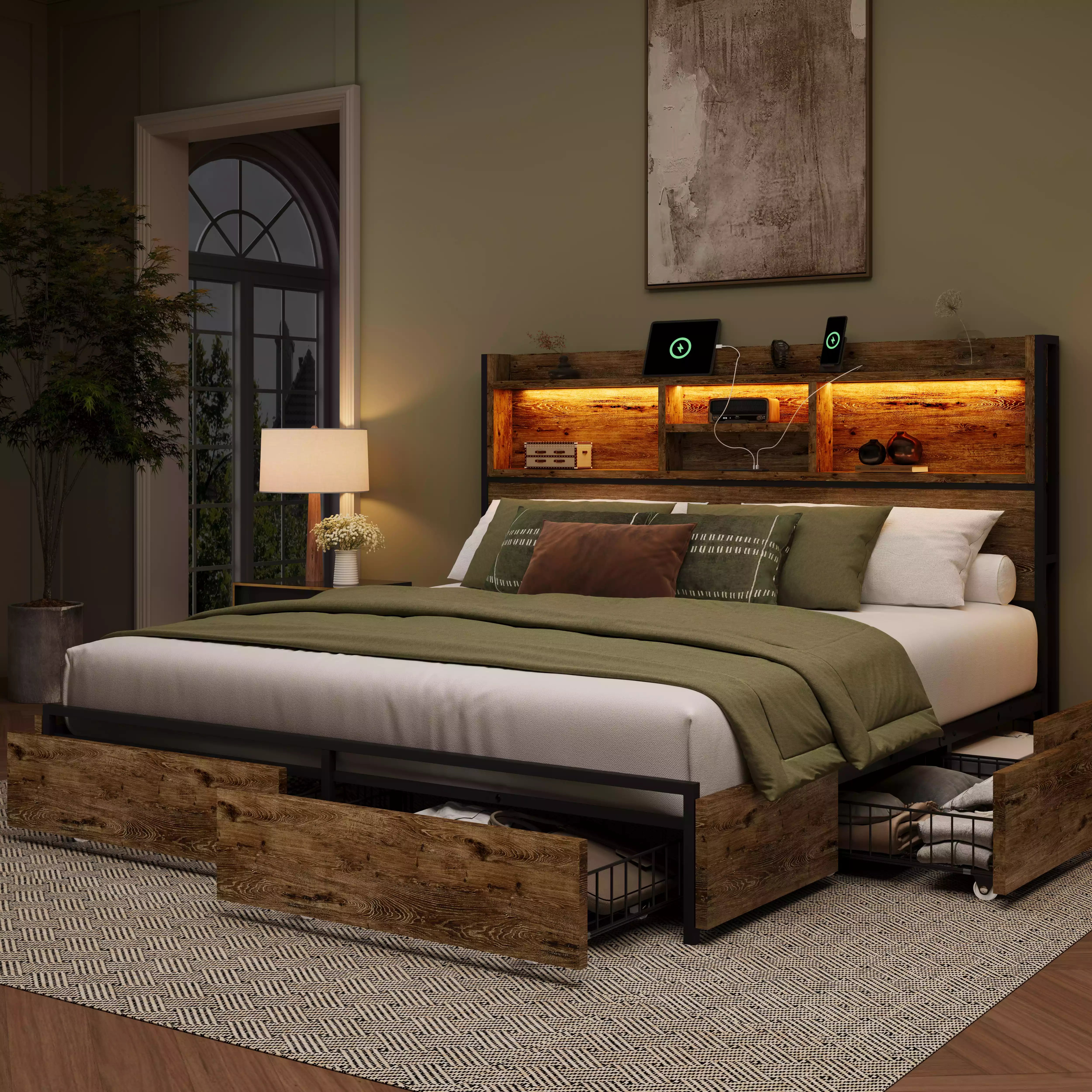 Strato King Size Wood Bed Frame Storage Headboard with Charging Station and 6 Drawers