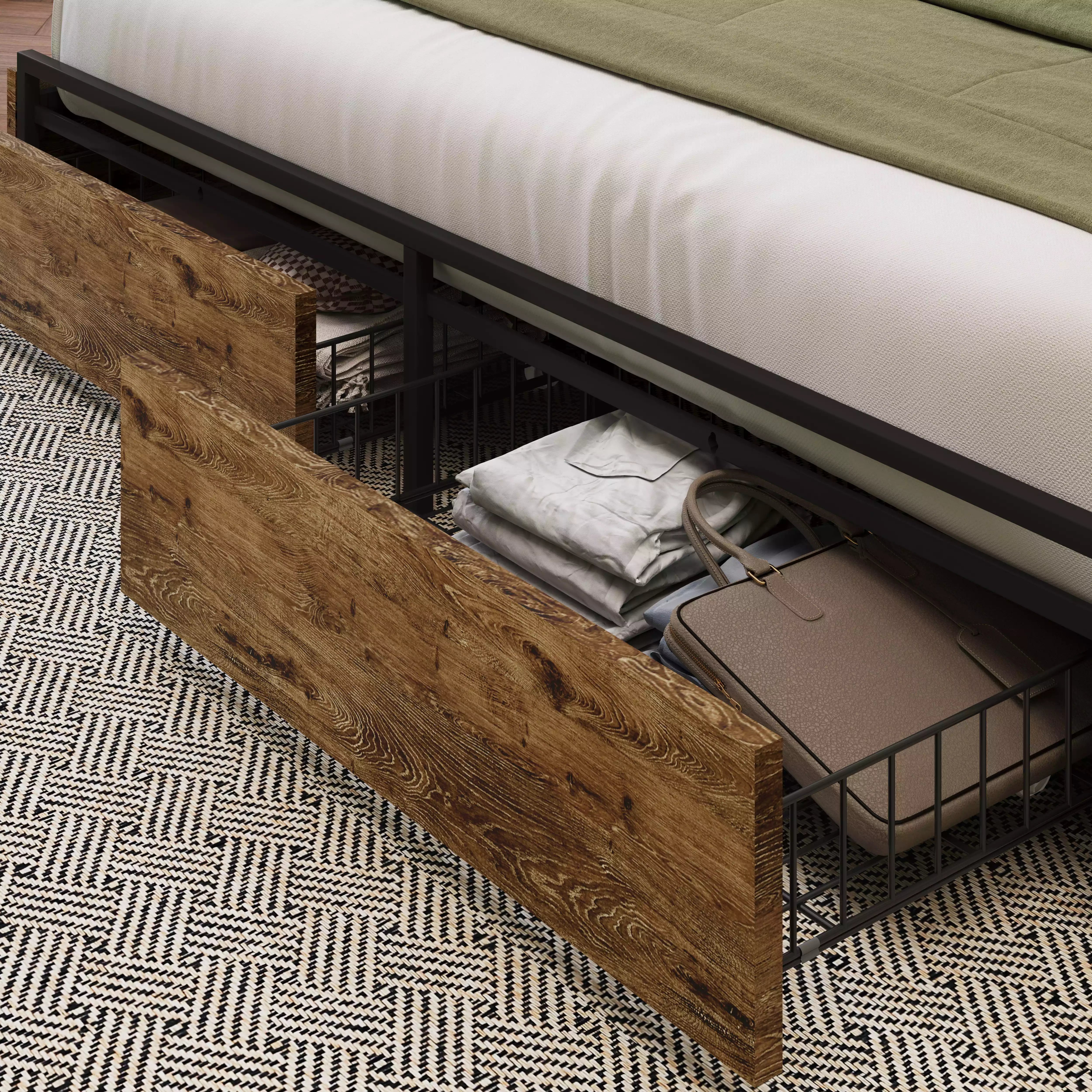 Strato King Size Wood Bed Frame Storage Headboard with Charging Station and 6 Drawers