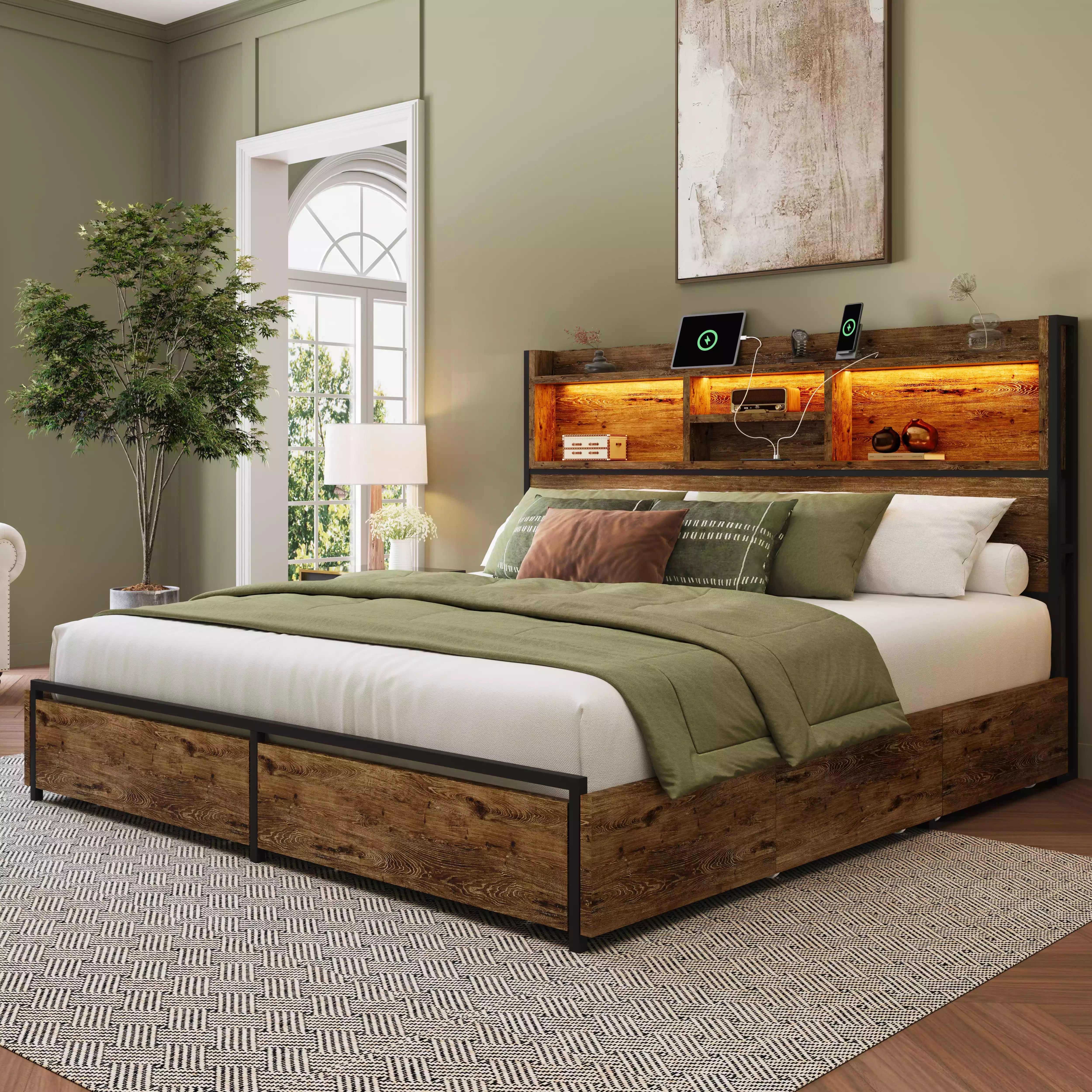 Strato King Size Wood Bed Frame Storage Headboard with Charging Station and 6 Drawers