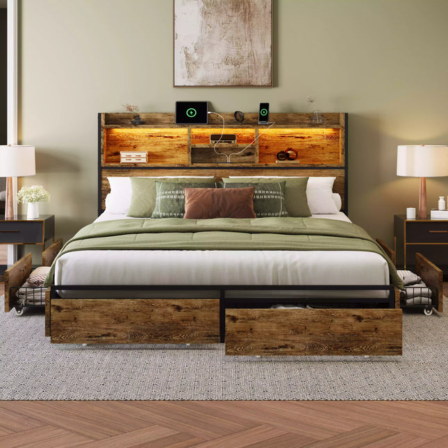 Strato King Size Wood Bed Frame Storage Headboard with Charging Station and 6 Drawers