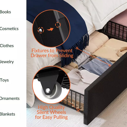 Liora Upholstered Bed Frame with 4 Storage Drawers, Velvet Tufted Butoon Wingback Headboard,LED Lights