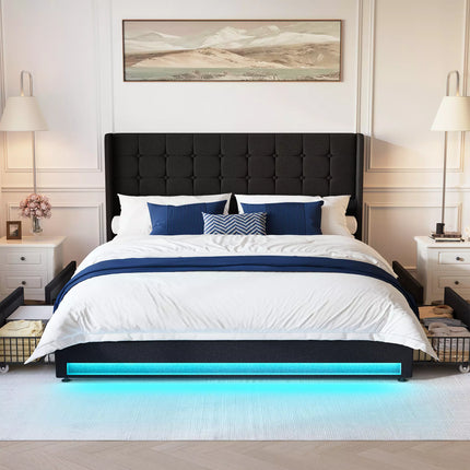 Liora Upholstered Bed Frame with 4 Storage Drawers, Velvet Tufted Butoon Wingback Headboard,LED Lights