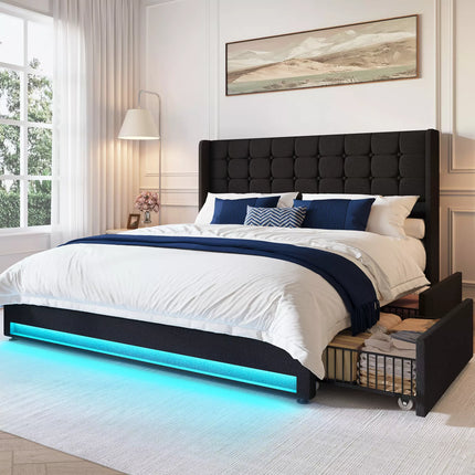 Liora Upholstered Bed Frame with 4 Storage Drawers, Velvet Tufted Butoon Wingback Headboard,LED Lights