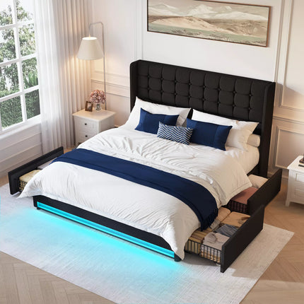 Liora Upholstered Bed Frame with 4 Storage Drawers, Velvet Tufted Butoon Wingback Headboard,LED Lights
