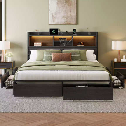 Strato King Size Wood Bed Frame Storage Headboard with Charging Station and 6 Drawers