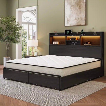 Strato King Size Wood Bed Frame Storage Headboard with Charging Station and 6 Drawers