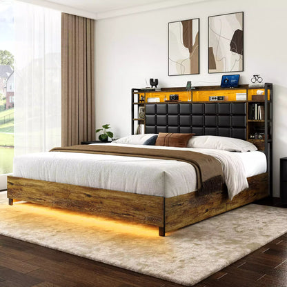 Cubes Industrial Bed Frame with Storage Drawers,Bookcase Headboard, LED Llight & Charging Hub