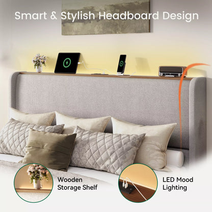 Arc Tall Headbaord Linen Upholstered Platform Bed Frame with LED Lights & Charging Station