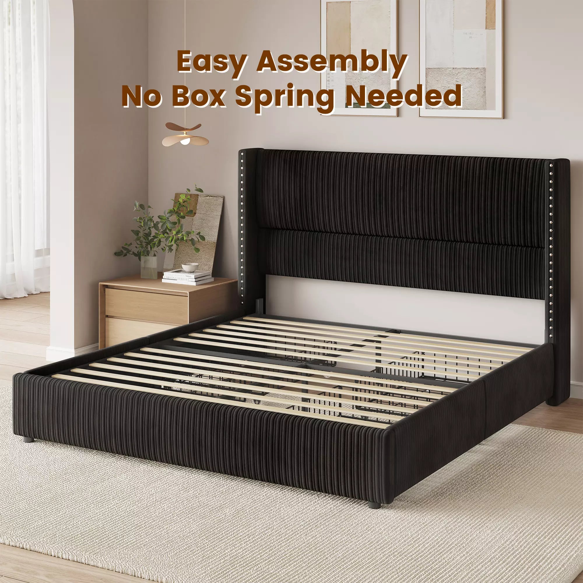Elysia platform bed frame with sturdy wooden slats base, no box spring required for a modern classic bedroom look.
