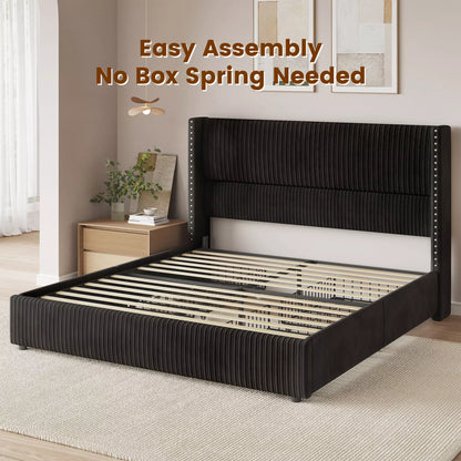 Elysia platform bed frame with sturdy wooden slats base, no box spring required for a modern classic bedroom look.