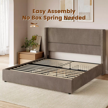 Elysia platform bed frame with durable wooden slats, easy assembly, and no box spring required.