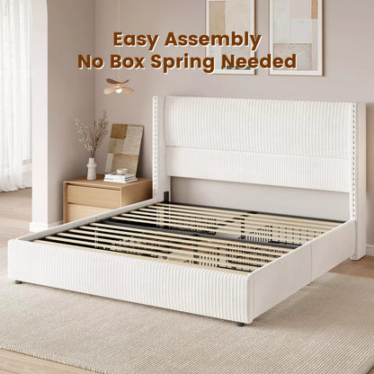 Elysia platform bed frame with sturdy wooden slats base, no box spring required for a modern classic bedroom look.