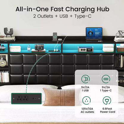 Cubes Industrial Bed Frame with Storage Drawers,Bookcase Headboard, LED Llight & Charging Hub