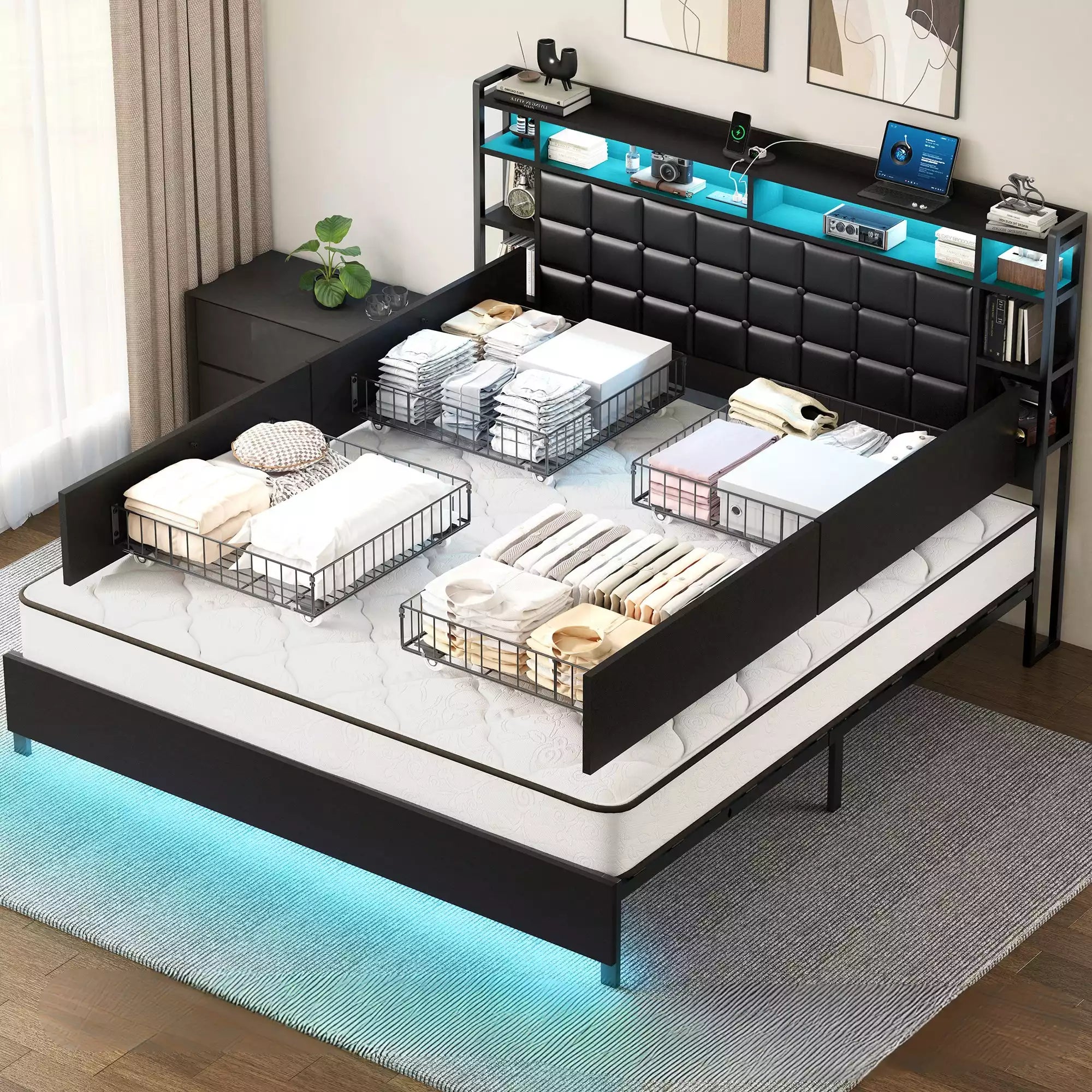 Cubes Industrial Bed Frame with Storage Drawers,Bookcase Headboard, LED Llight & Charging Hub