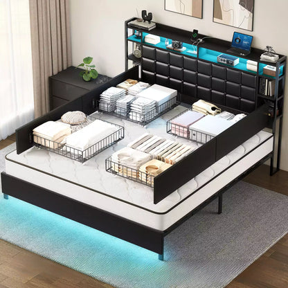 Cubes Industrial Bed Frame with Storage Drawers,Bookcase Headboard, LED Llight & Charging Hub