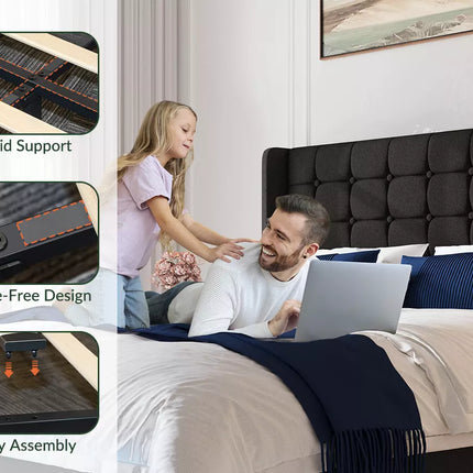Liora Upholstered Bed Frame with 4 Storage Drawers, Velvet Tufted Butoon Wingback Headboard,LED Lights
