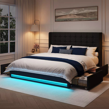 Liora Upholstered Bed Frame with 4 Storage Drawers, Velvet Tufted Butoon Wingback Headboard,LED Lights