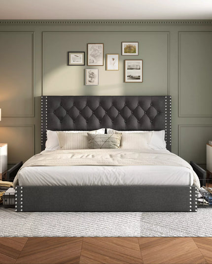 Vella Linen Upholstered Bed Frame with Storage, 4 Drawers