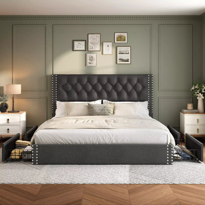 Vella Linen Upholstered Bed Frame with Storage, 4 Drawers