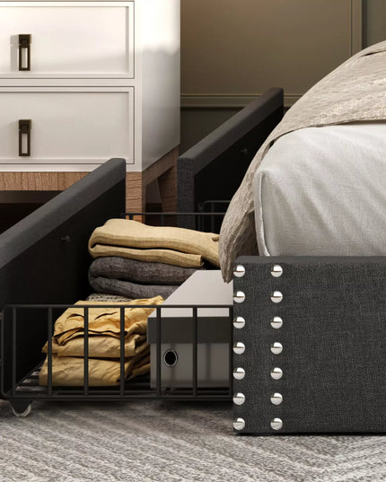 Vella Linen Upholstered Bed Frame with Storage, 4 Drawers